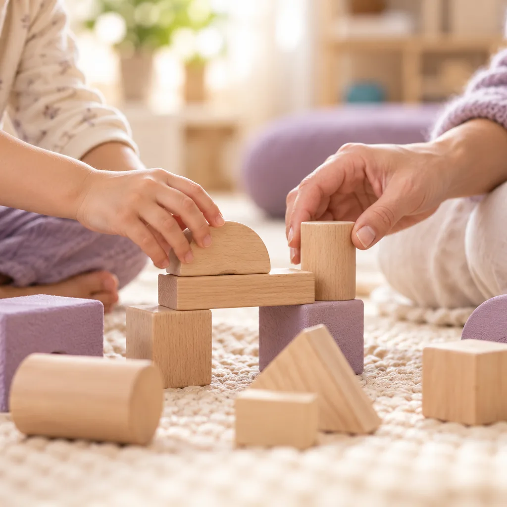 Mani di un adulto e di un bambino giocano insieme con blocchi morbidi